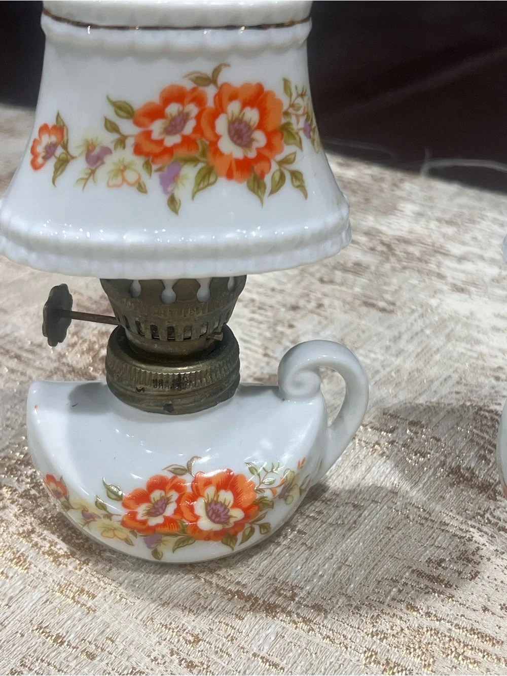 Vintage Floral Ceramic Mini Oil Lamp Pair - White with Orange Flowers